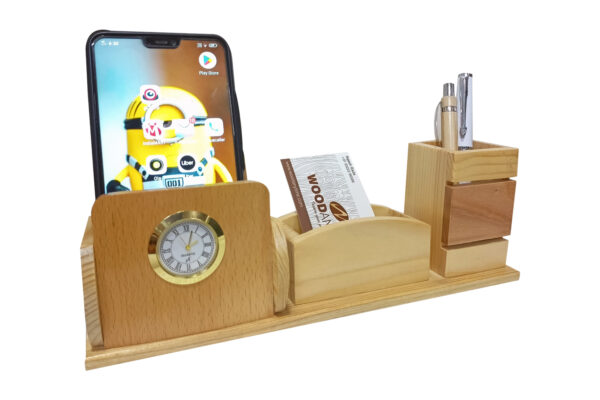 DW-5142 Wooden Pen Stand With Tea Coaster And Mobile Holder
