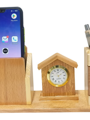 DW-5149 Wooden House Shape Pen Stand With Clock