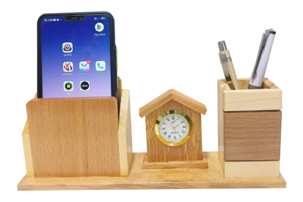DW-5149 Wooden House Shape Pen Stand With Clock