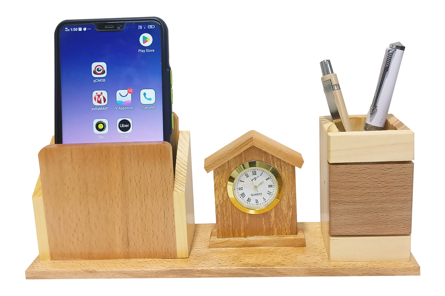 DW-5149 Wooden House Shape Pen Stand With Clock