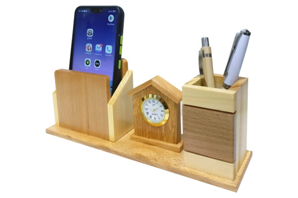 DW-5149 Wooden House Shape Pen Stand With Clock