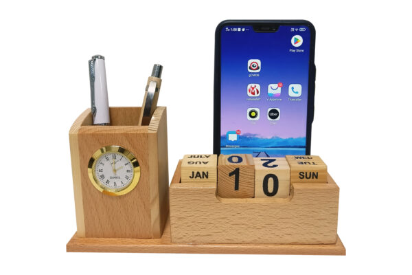 DW-5204 Wooden Calendar With Pen Stand And Clock