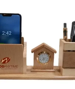 Desktop Wooden Pen Stand With Clock