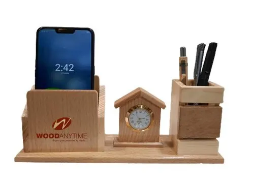 Desktop Wooden Pen Stand With Clock