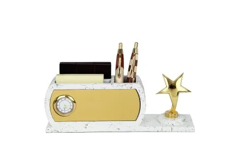 DW-2032C Wooden Pen Stand With Clock And Trophy