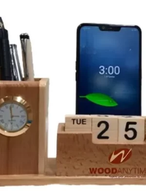 DW-5204 Wooden Calendar With Pen Stand And Clock