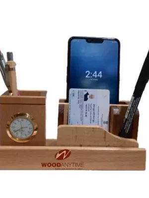 DW-5502 Desktop Wooden Pen Holder With Clock