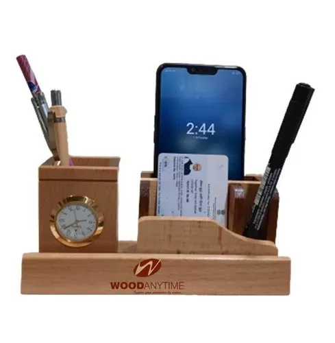DW-5502 Desktop Wooden Pen Holder With Clock