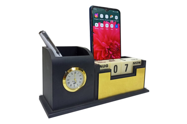DW-6045 Black Wooden Lifetime Calendar with Pen Stand