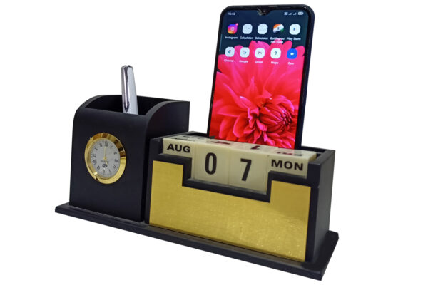 DW-6045 Black Wooden Lifetime Calendar with Pen Stand