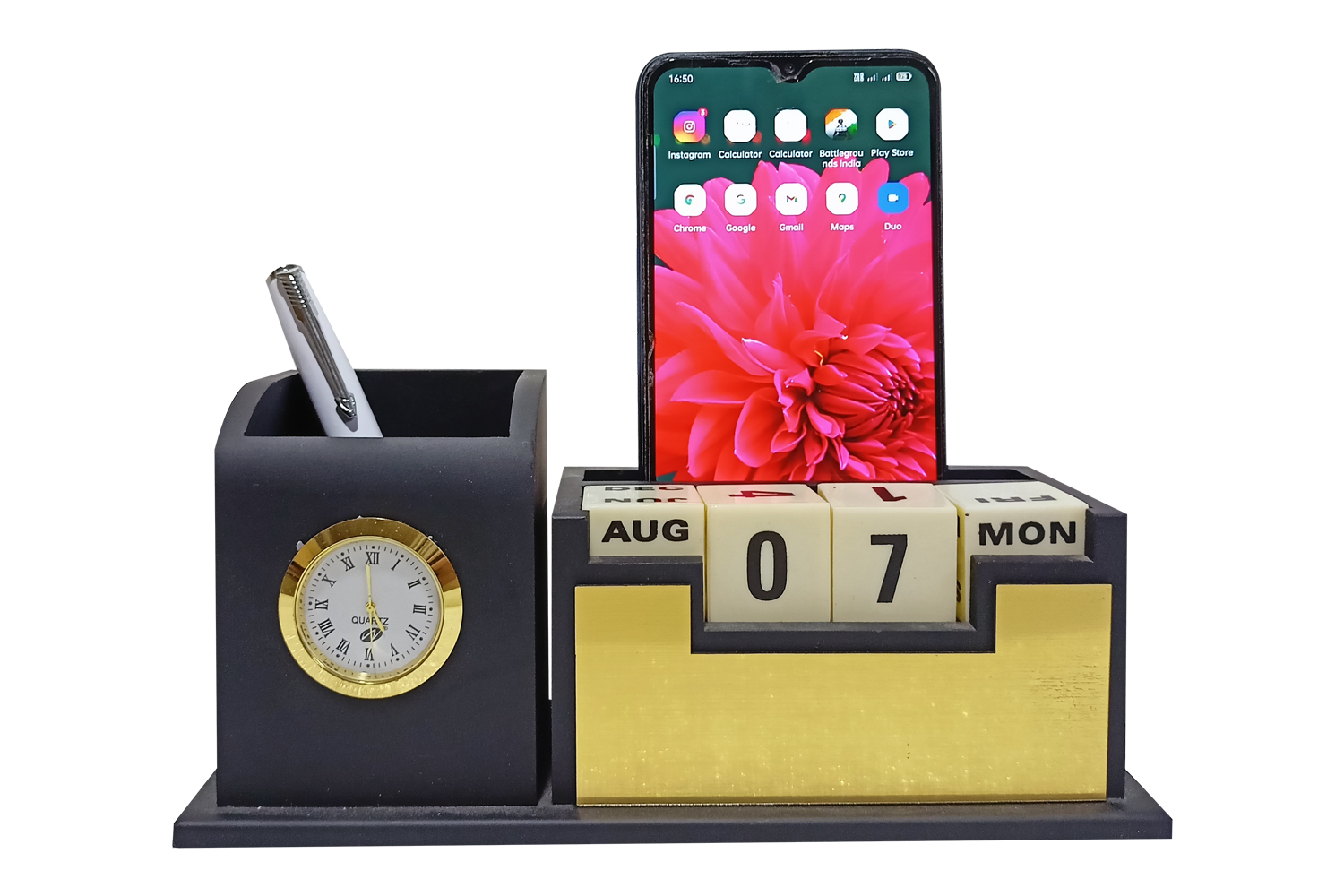 DW-6045 Black Wooden Lifetime Calendar with Pen Stand