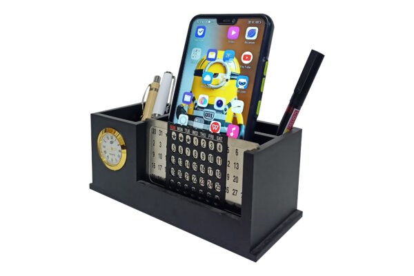 DW-2750 Black Wooden Pen Stand With Lifetime Calendar