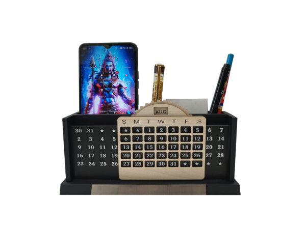 DW-6054 Black Wooden Calendar with Multi Utility Pen Stand