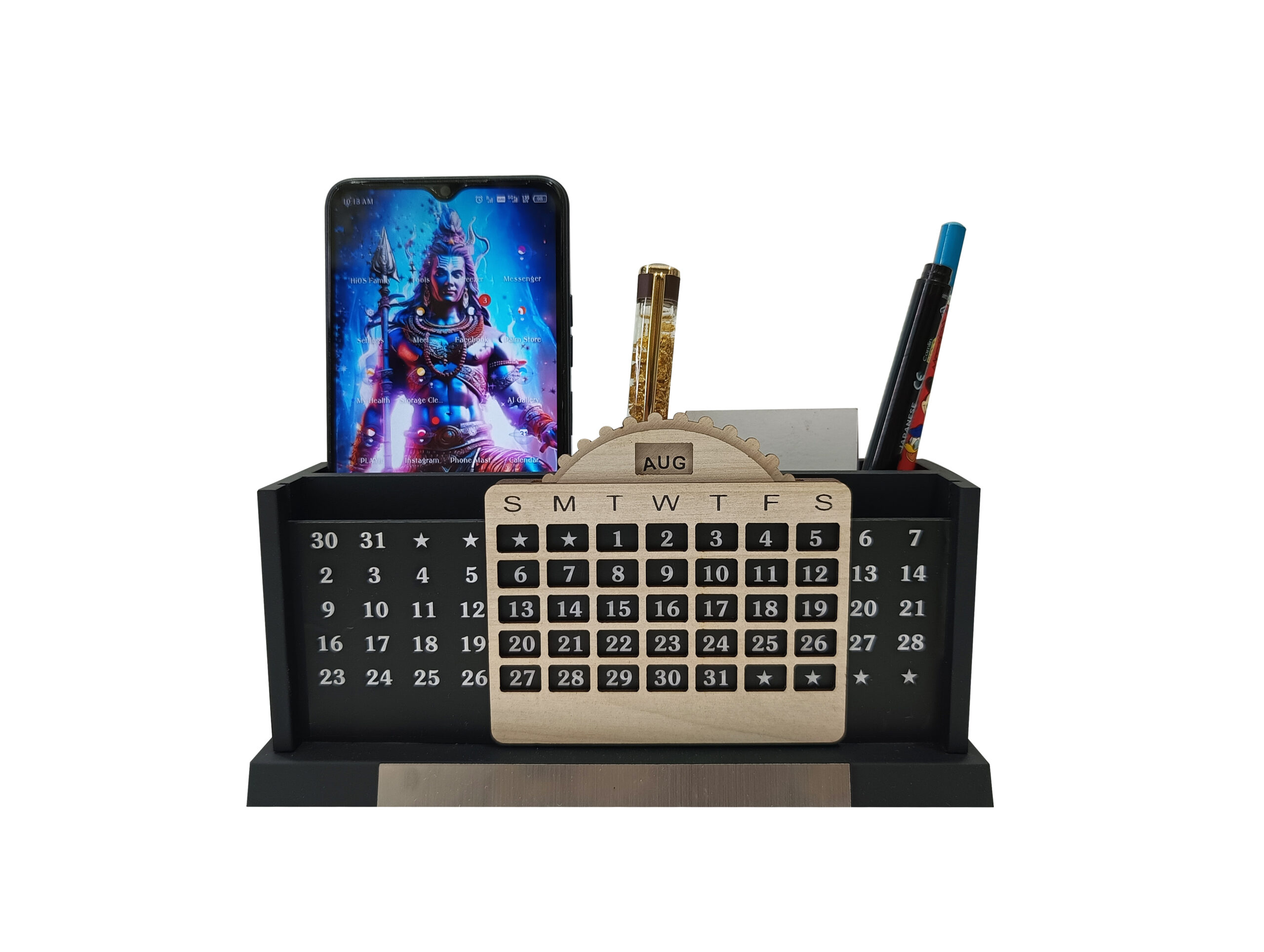 DW-6054 Black Wooden Calendar with Multi Utility Pen Stand
