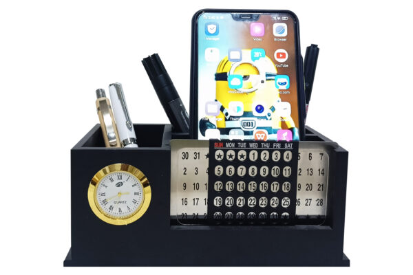 DW-2750 Black Wooden Pen Stand With Lifetime Calendar