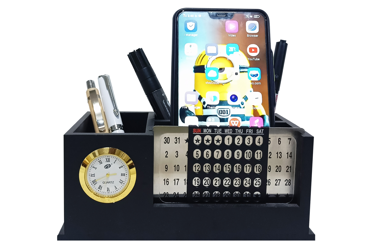 DW-2750 Black Wooden Pen Stand With Lifetime Calendar